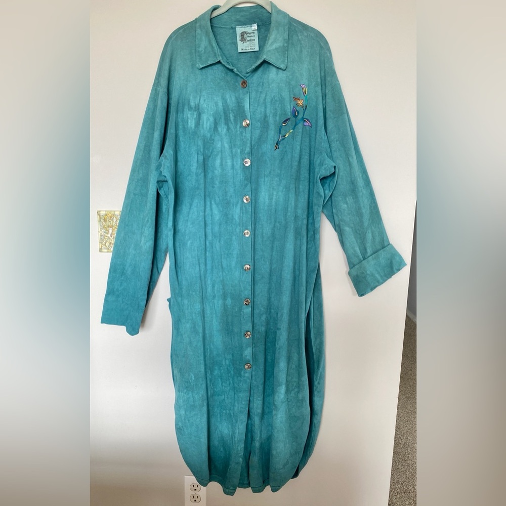 Long Teal Button-Front Robe Coat - Picture 2 of 9